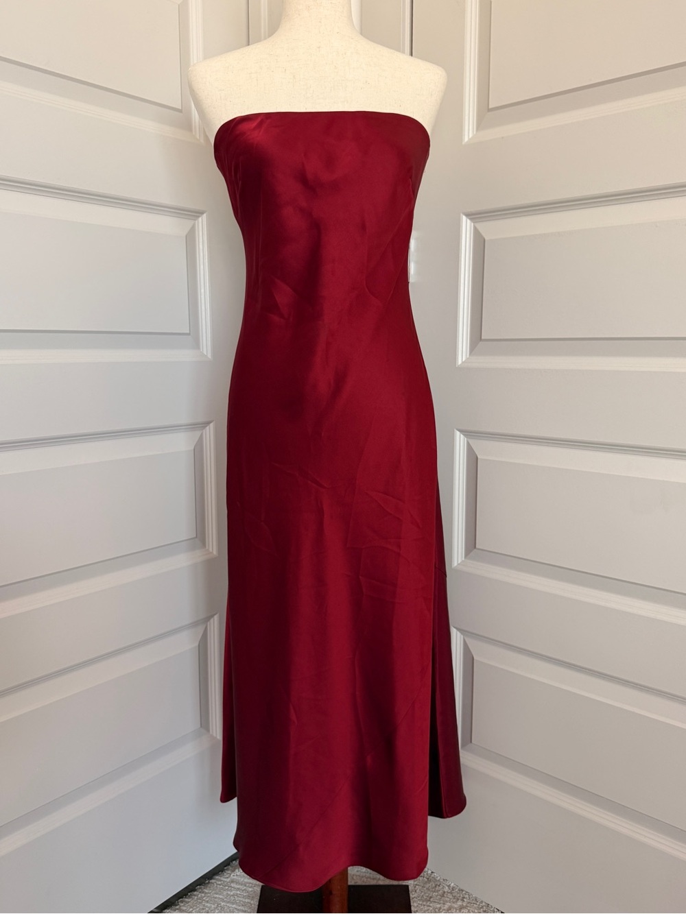 Aritzia Strapless Satin Dress in Burgundy
